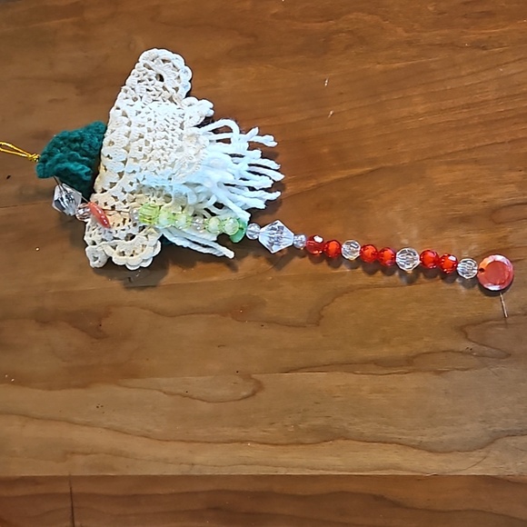 Hand Crafted Crochet Angel white green red colors multicolored plastic beaded - Picture 8 of 17
